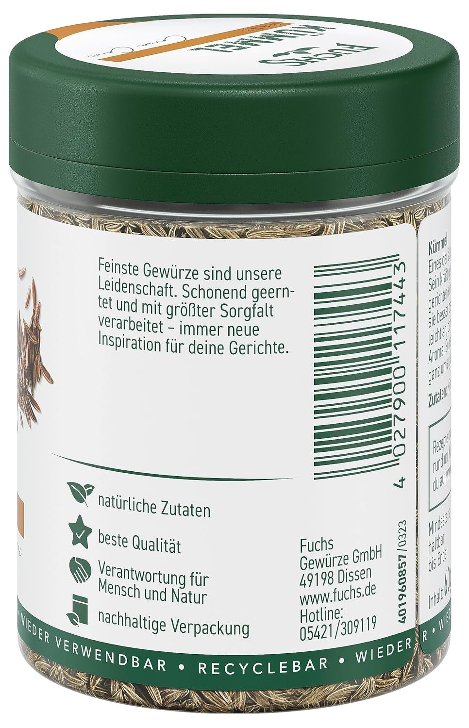 Fuchs Gewürze - Kümmel ganz - kräftiges Gewürz für Kohl- und Fleischgerichte oder zu Bratkartoffeln - naturlig ingrediens - 60 g i wiederverwendbarer, recyclebarer Dos
