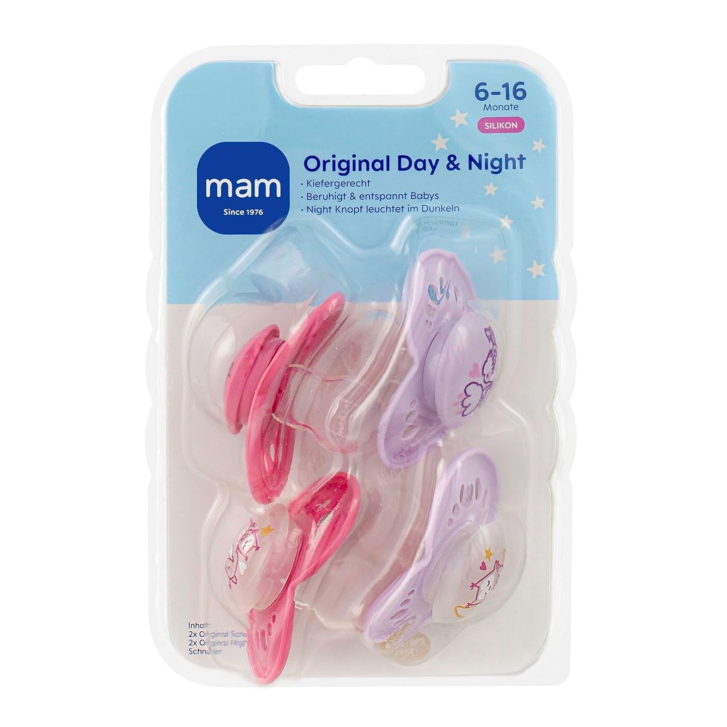MAM Original Day & Night Matt nappar | 6-16 månader | Nappset | Acceptans 94% | Hjälper till att förhindra oönskad tandjustering | Utvecklad tillsammans med tandläkare Silicone SkinSoft | Fågel/uggla mönster | Paket om 4