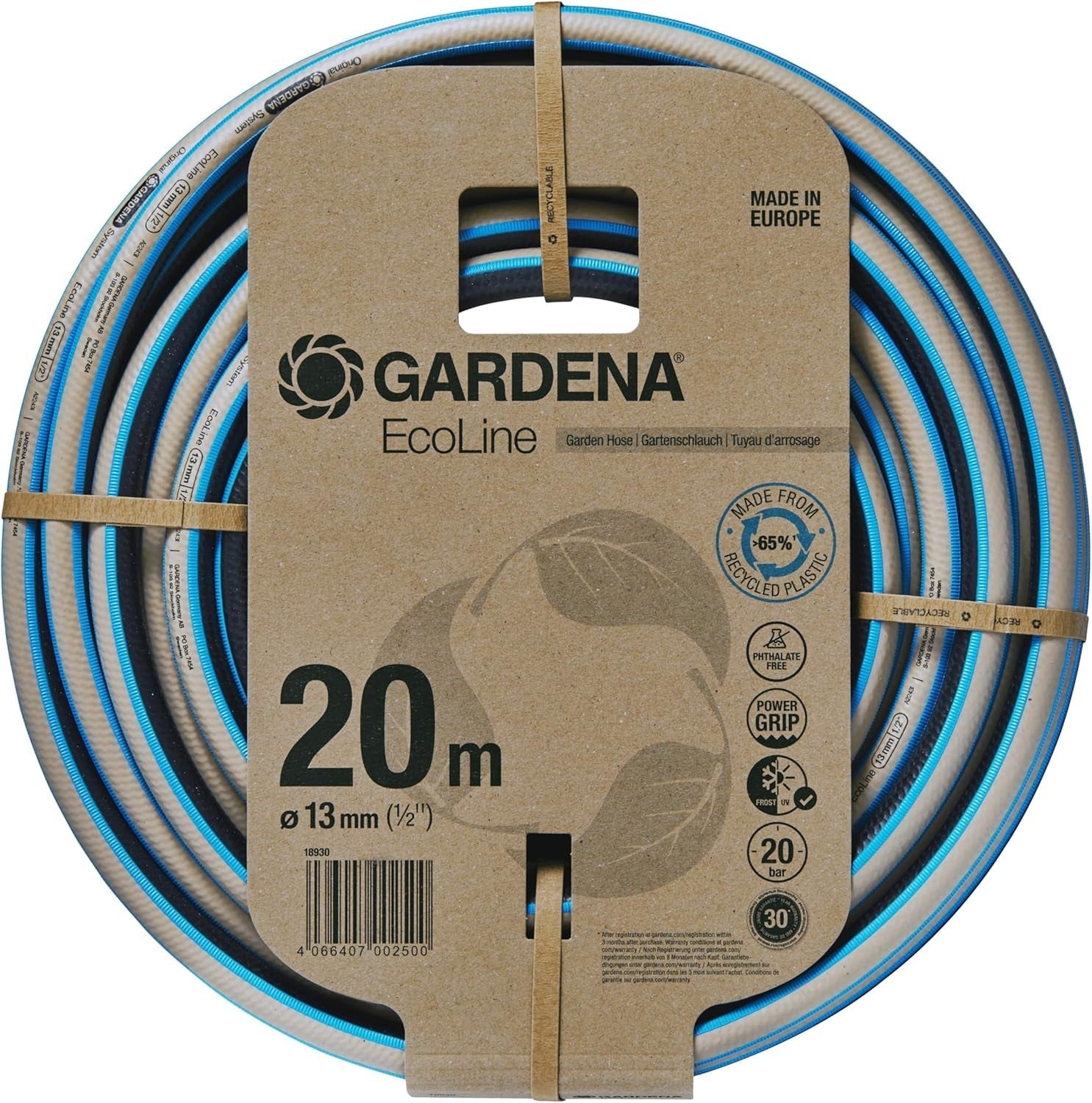 Gardena EcoLine slang 1/2 tum, 20 m utan systemkomponenter: Hållbar trädgårdsslang av återvunnen plast, fri från ftalater och föroreningar, stark greppfunktion, frost- och UV-beständig (18930-20)