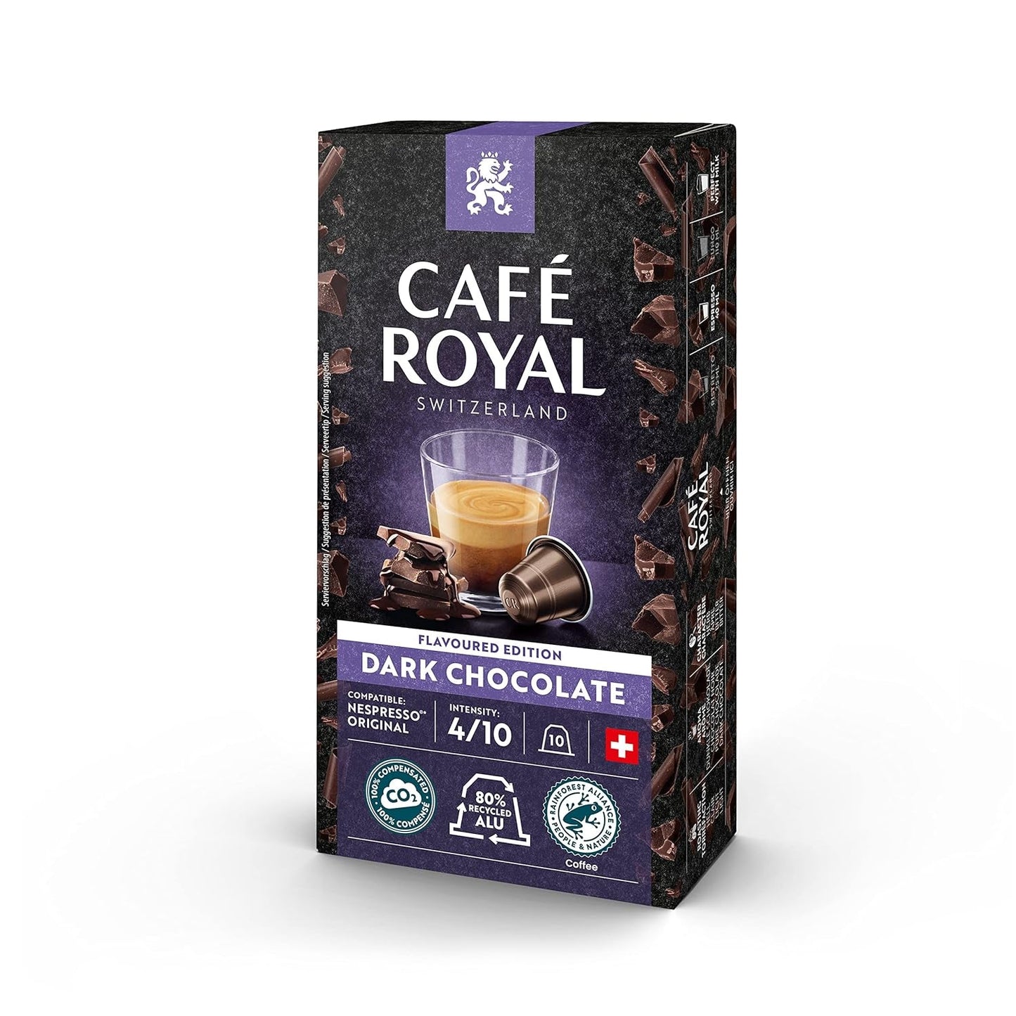 Café Royal Dark Chocolate Flavored 100 Kapseln für Nespresso Kaffee Maschine - 4/10 Intensität - UTZ-zertifiziert, aus Aluminium & Lungo 36 Kapseln für Nespresso Kaffee Maschine - 4/10 Intensität