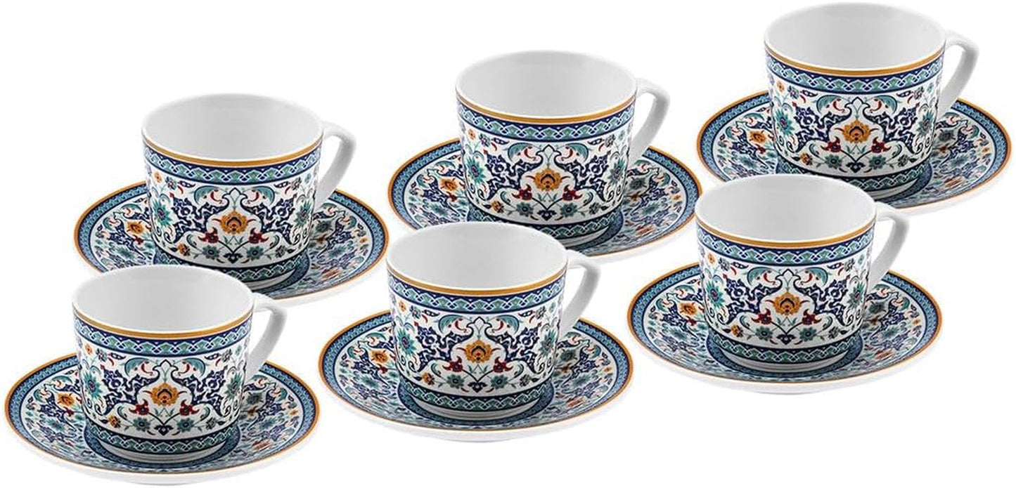 KARACA Beylerbeyi - 12-delat turkiskt kaffekoppset Porslin Espressokopp Set om 6 med fat 80ml Espressokoppset Traditionell design - Blå