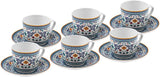 KARACA Beylerbeyi - 12-delat turkiskt kaffekoppset Porslin Espressokopp Set om 6 med fat 80ml Espressokoppset Traditionell design - Blå
