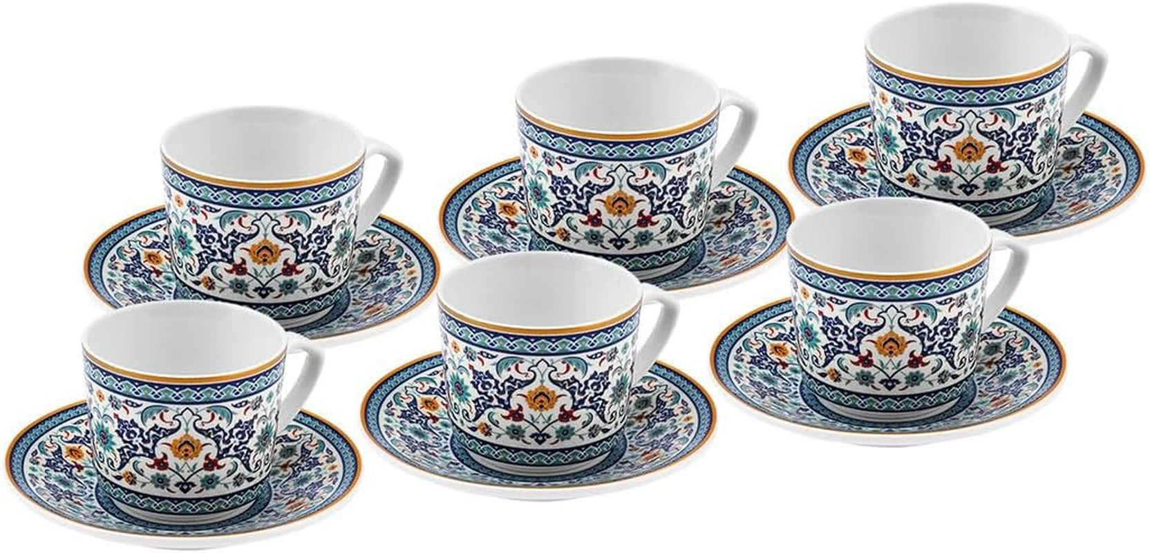 KARACA Beylerbeyi - 12-delat turkiskt kaffekoppset Porslin Espressokopp Set om 6 med fat 80ml Espressokoppset Traditionell design - Blå