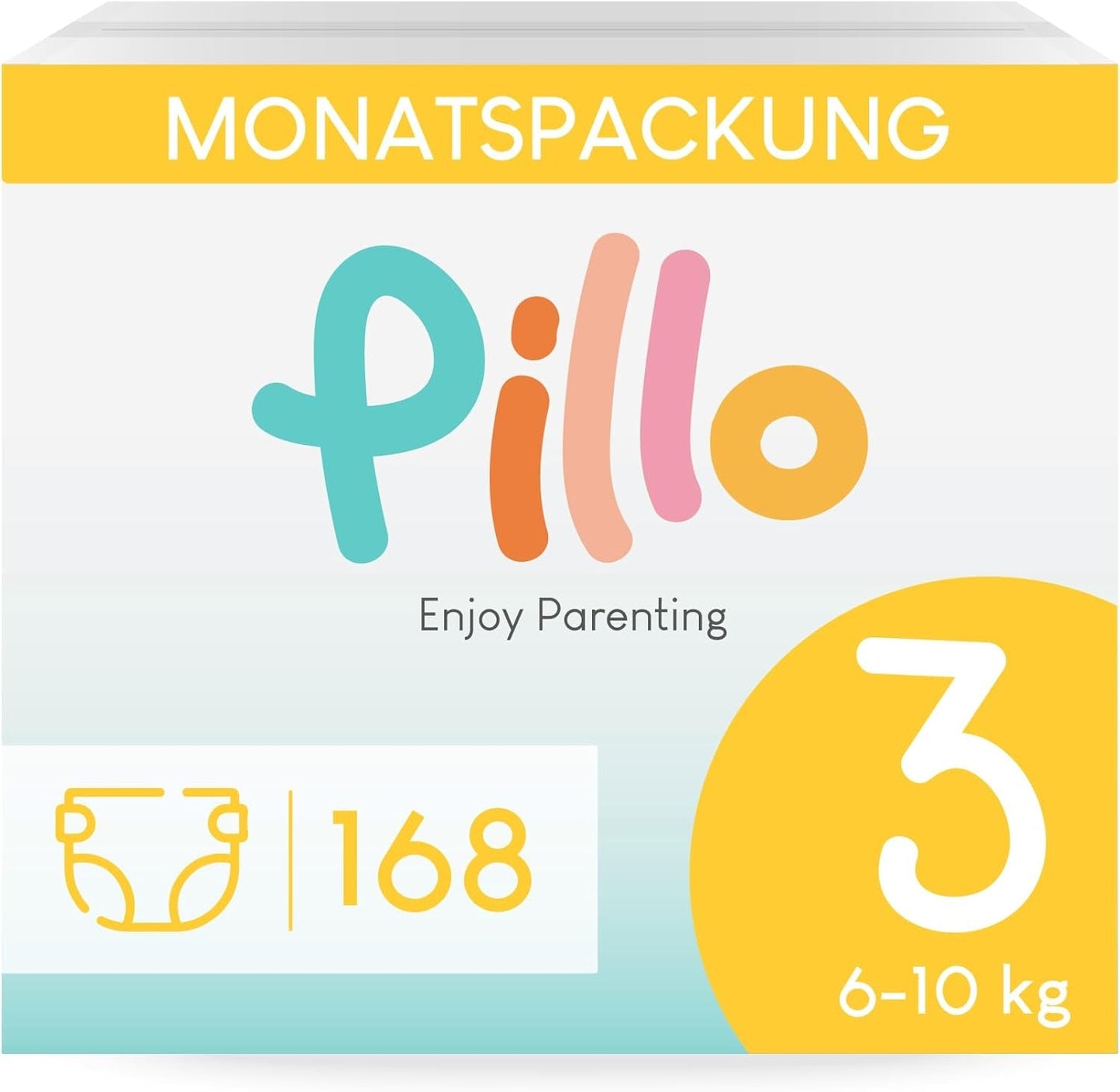 Blöjor Pillo 3 - Kartong med 168 blöjor, 6 förpackningar med 28 blöjor, storlek 3 - Midi (6-10 kg) - Blöjor för bebisar