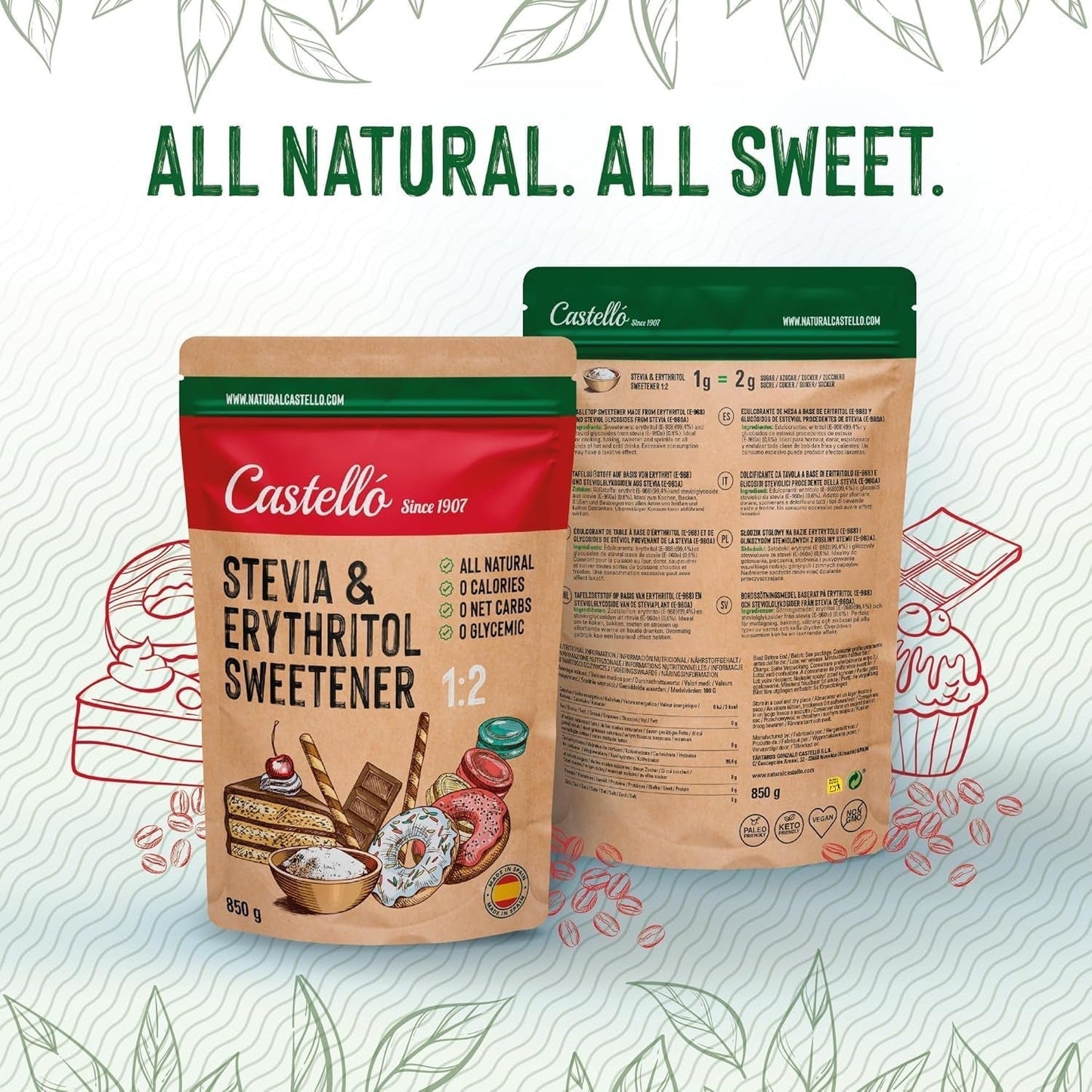 Stevia + Erythritol 1:2 Süßstoff | 1G = 2G Zucker | 100% Natürlicher Zuckerersatz - 0 Kalorien - 0 Glykämischer Index - Keto Und Paleo - 0 Netto-Kohlenhydrat - Kein GVO - Castello sedan 1907 - 850 G Sweeteners Naty Shop