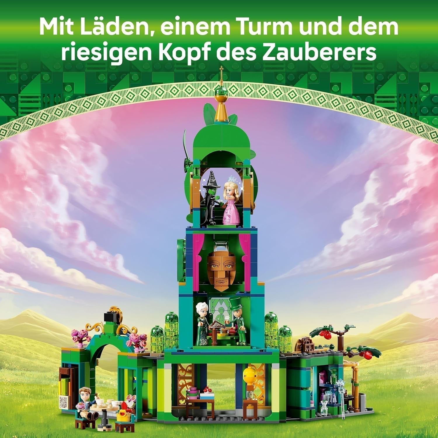 LEGO Wicked Välkommen till Emerald City tornleksak, Glinda och Elphaba minidockor, present till filmfantaster och tjejer och pojkar från 9 år som älskar dockskåp 75684 Byggset Besuche den LEGO-Store