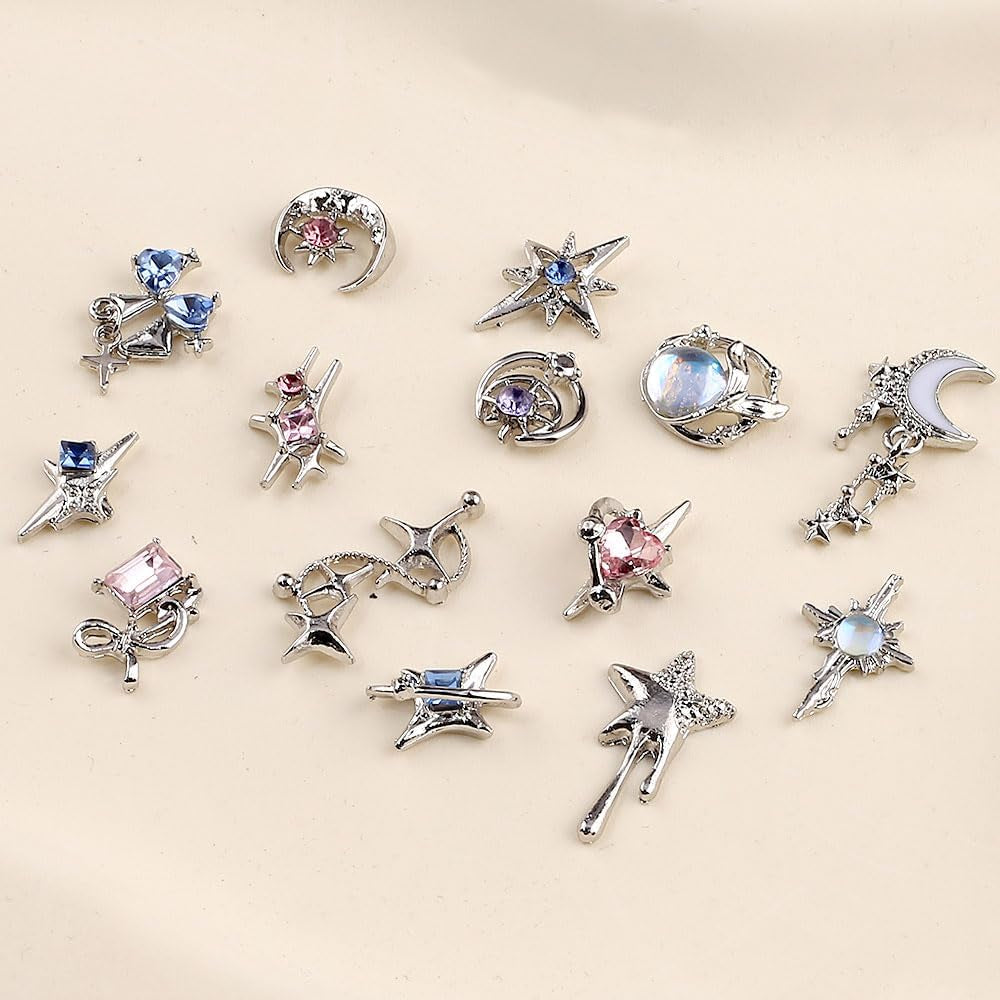 16 Stile Luxus Mond Stern Nagel Charms 3D Nail Charms Y2K Legierung Strasssteine ​​​​Bogen Schmetterling Nagel Schmuck Metall Nail Art Charms Nägel Glitzersteine ​​Nailart Rhinestones Nageldesign Zubehör