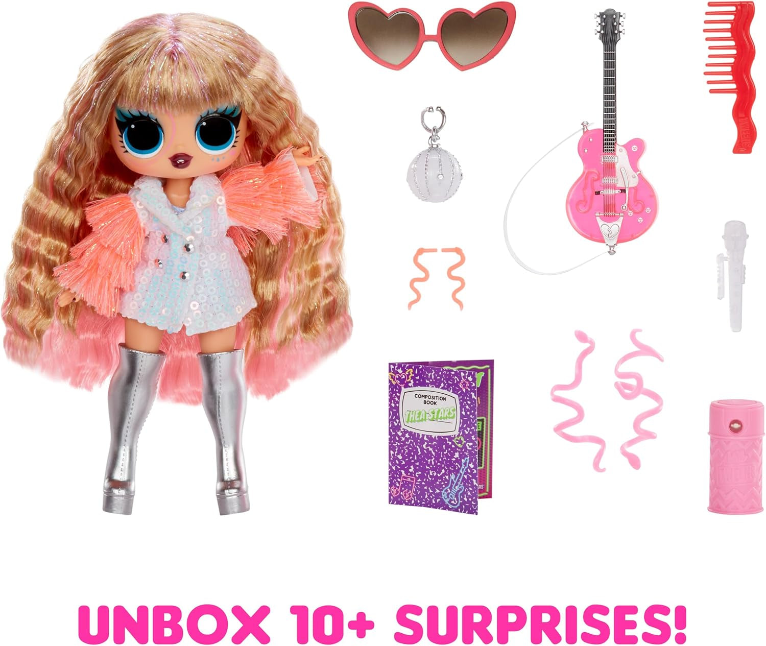 LOL Överraskning! Tweens Neon Pop Stars - Thea Stars - 1 modedocka med bakgrundsbelysta överraskningar och över 10 Pop Star-kläder och accessoarer, inklusive hennes rosa gitarr, present till barn från 4 år och uppåt