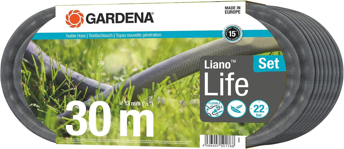Gardena Liano Life 1/2 tum textilslang, set 30m: Extremt flexibel textil trädgårdsslang med PVC innerslang, knäckfri, lätt, väderbeständig (18457-20)