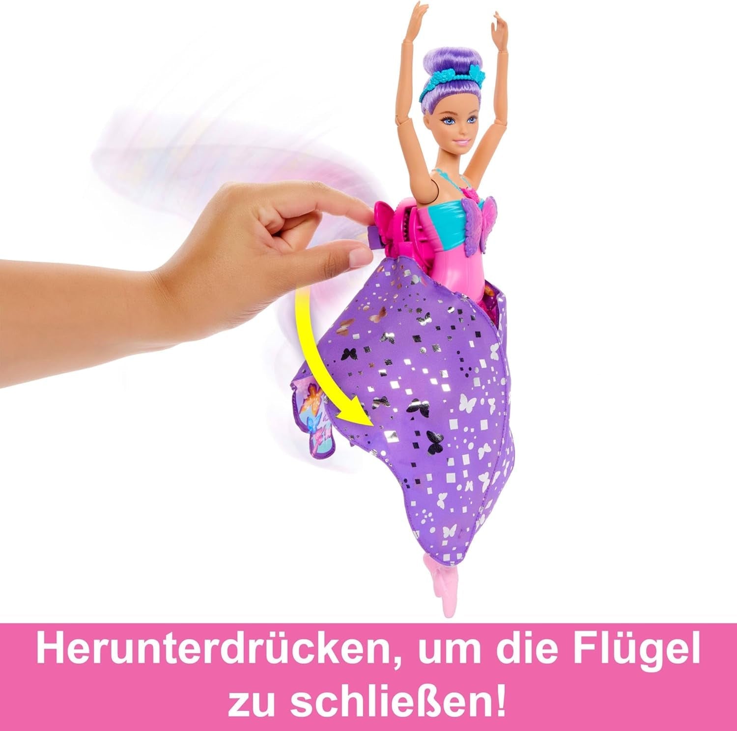 Barbie Dancer and Butterfly 2-i-1 förvandlar dansare till fjäril med öppningsbara vingar, lila hår, håraccessoarer och avtagbar tutu, HXJ10