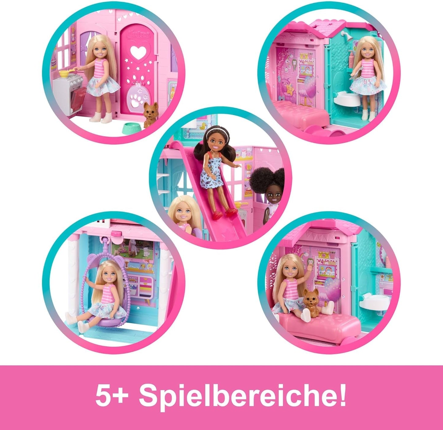 Barbie Chelsea dockskåp med 15+ tillbehör, popup-hus expanderar till över 42 x 33 cm med 5 lekytor och en rutschkana, med en liten docka och en hund, JFW49