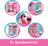 Barbie Chelsea dockskåp med 15+ tillbehör, popup-hus expanderar till över 42 x 33 cm med 5 lekytor och en rutschkana, med en liten docka och en hund, JFW49