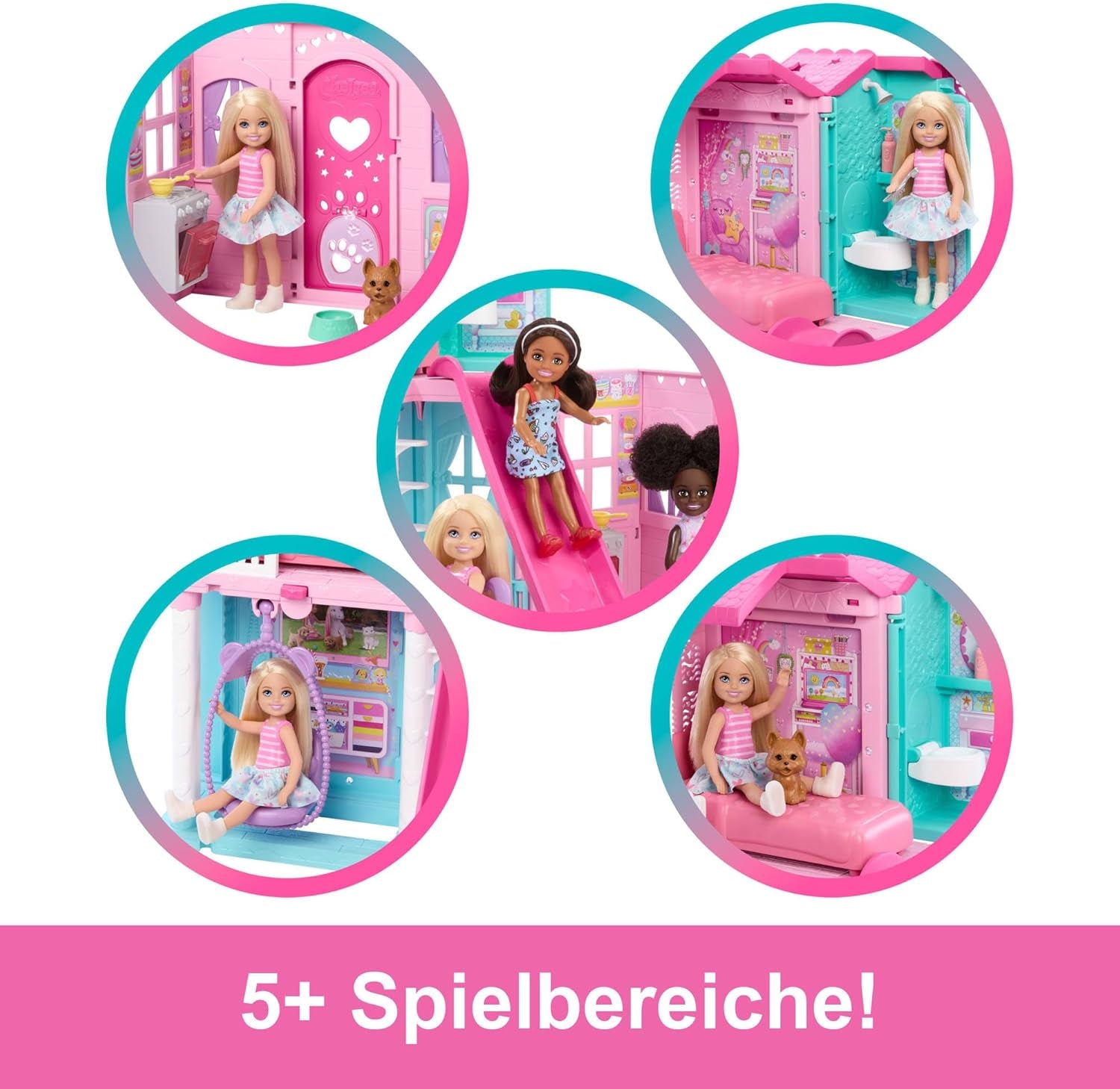 Barbie Chelsea dockskåp med 15+ tillbehör, popup-hus expanderar till över 42 x 33 cm med 5 lekytor och en rutschkana, med en liten docka och en hund, JFW49