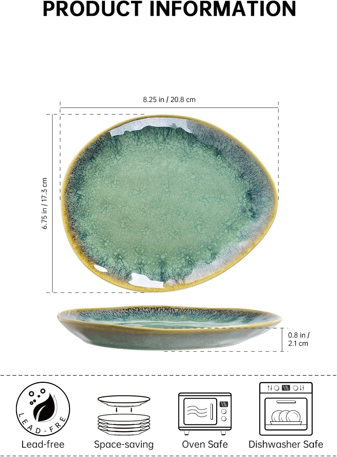 Henten Home Specialtallrikar i stengods, snacks och såsskålar - 20x17cm för 4 personer, frukosttallrikar i porslin - modern grön design