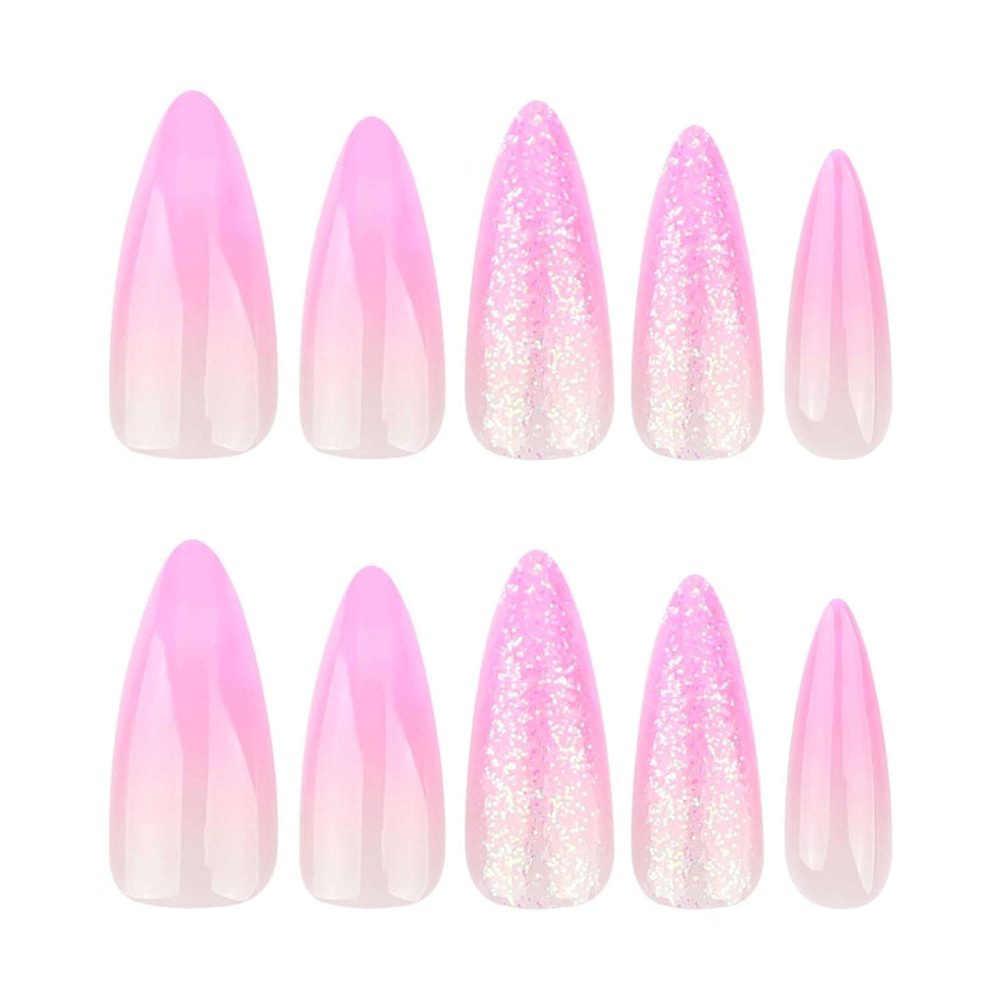 Mouyouglow Långa naglar Stiletto Milky White Gradient Rosa Glitter Coola falska naglar med lim Rosa Ombre Glitter konstgjorda naglar