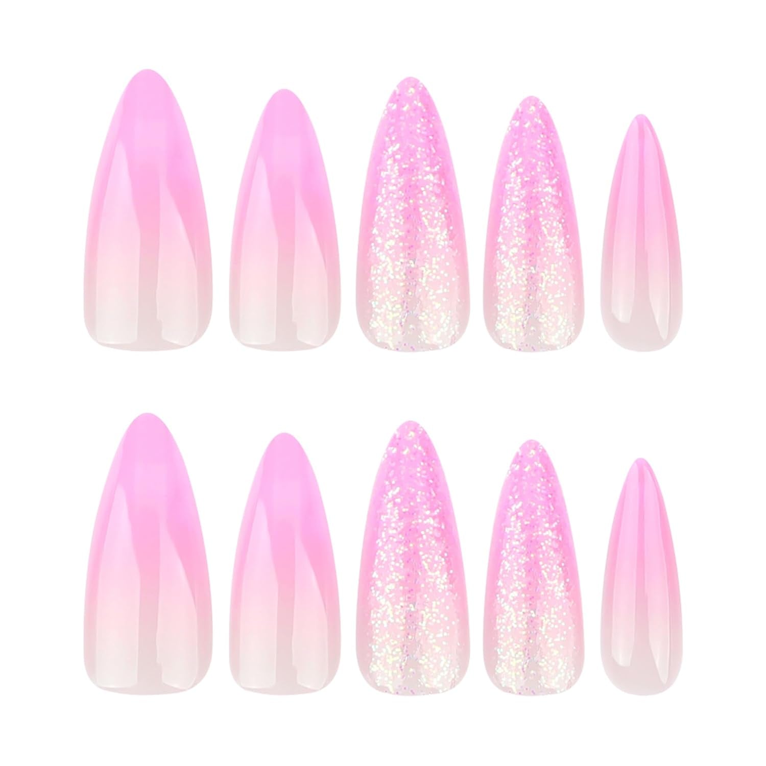 Mouyouglow Långa naglar Stiletto Milky White Gradient Rosa Glitter Coola falska naglar med lim Rosa Ombre Glitter konstgjorda naglar