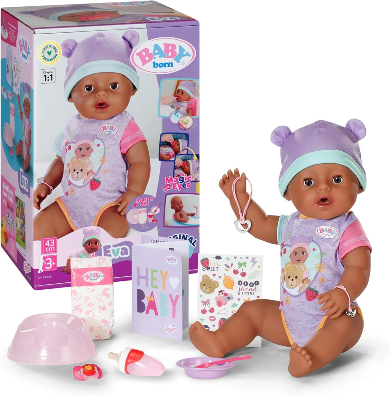 BABY Born Eva 43Cm, docka med 10 funktioner och tillbehör, för barn från 3 år, fungerar utan batteri, stor docka 43Cm, 836408 Zapf Creation Dolls Naty Shop Standardtitel
