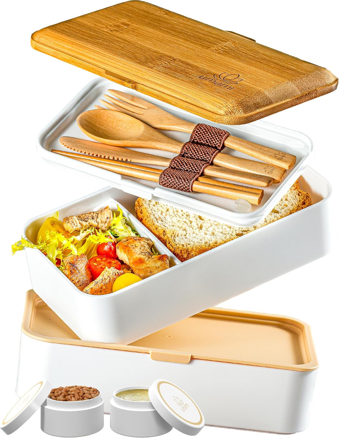 Umami Lunchbox för vuxna, läckagesäker stapelbar Bento-låda med 4 bestick och fack, Vuxen Lunchbox, To-Go-salladsbehållare, Picknick-/kontorslunchlåda, kolgrå, 1500 ml