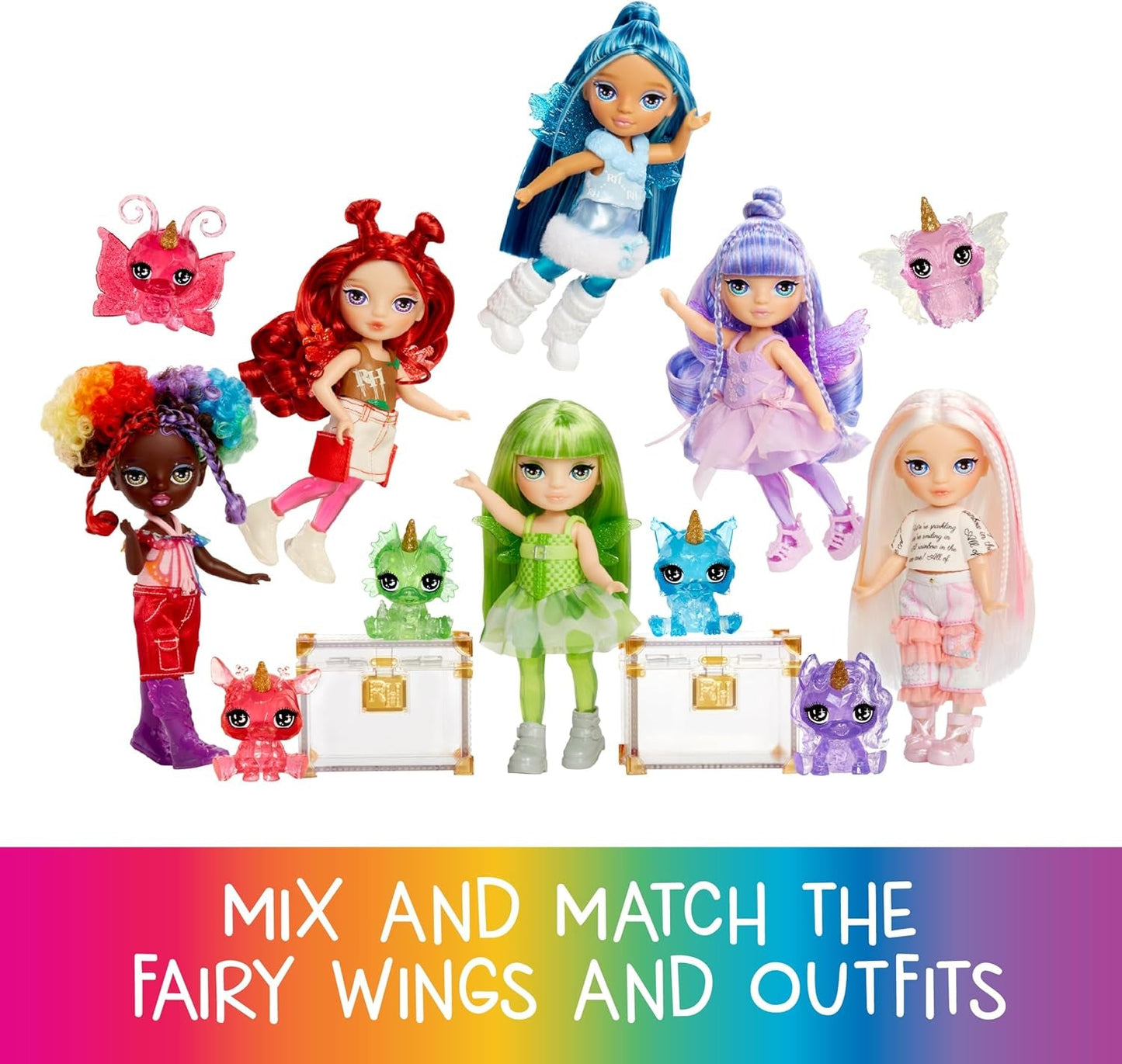Rainbow High Littles Rainbow Fantasy Fairy and Pet - Emerald, Green - 14 cm ledad liten Fantasy Dragon Doll med utbytbara Fairy Wings, söt present till barn från 4 år och uppåt