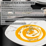 SANGER | Bilgola Marble Combination Servis Set 36-delat Servis Set för 6 med middagstallrikar, desserttallrikar, sumatallrikar, spannmålsskålar, kaffetallrikar och porslinsfat, fyrkantiga | PREMIUM KOLLEKTIONEN