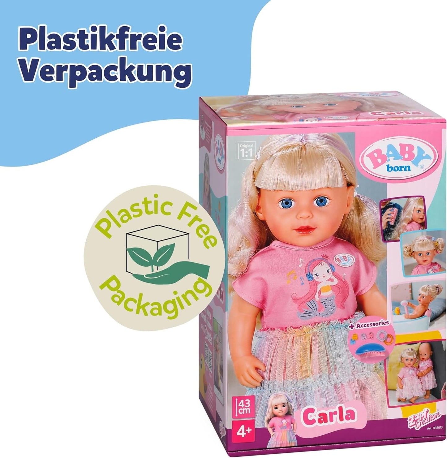 BABY born Carla - 43 cm docka - högkvalitativt blont hår med trådar - inga batterier krävs - lämplig för barn från 4 år och uppåt - innehåller 7 tillbehör, rosa