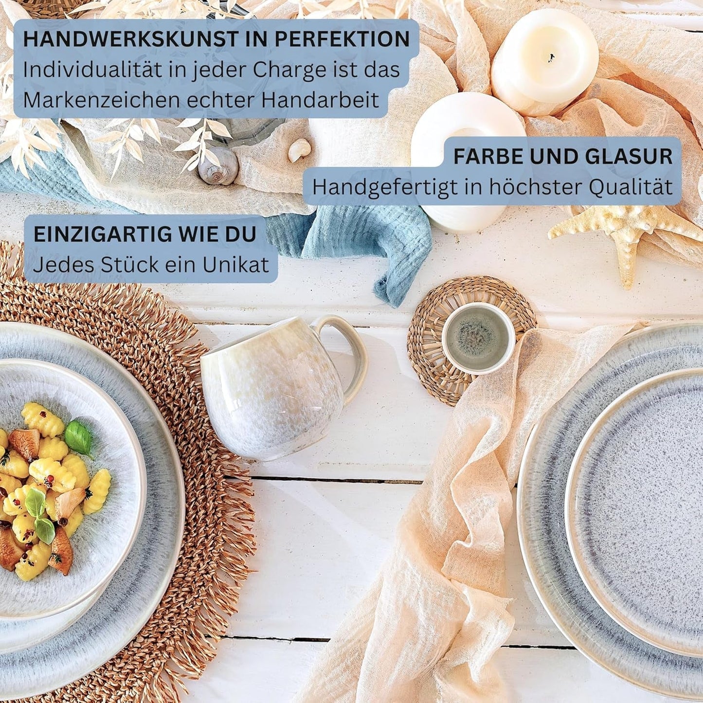 SANGER | 12 delar Santorini servisset 4 personer tallrik set MYCKET BRA betygsatt stengods servis set inklusive middagstallrikar, desserttallrikar och suma tallrikar Creme Lila Blå Gradient | PREMIUM KOLLEKTIONEN