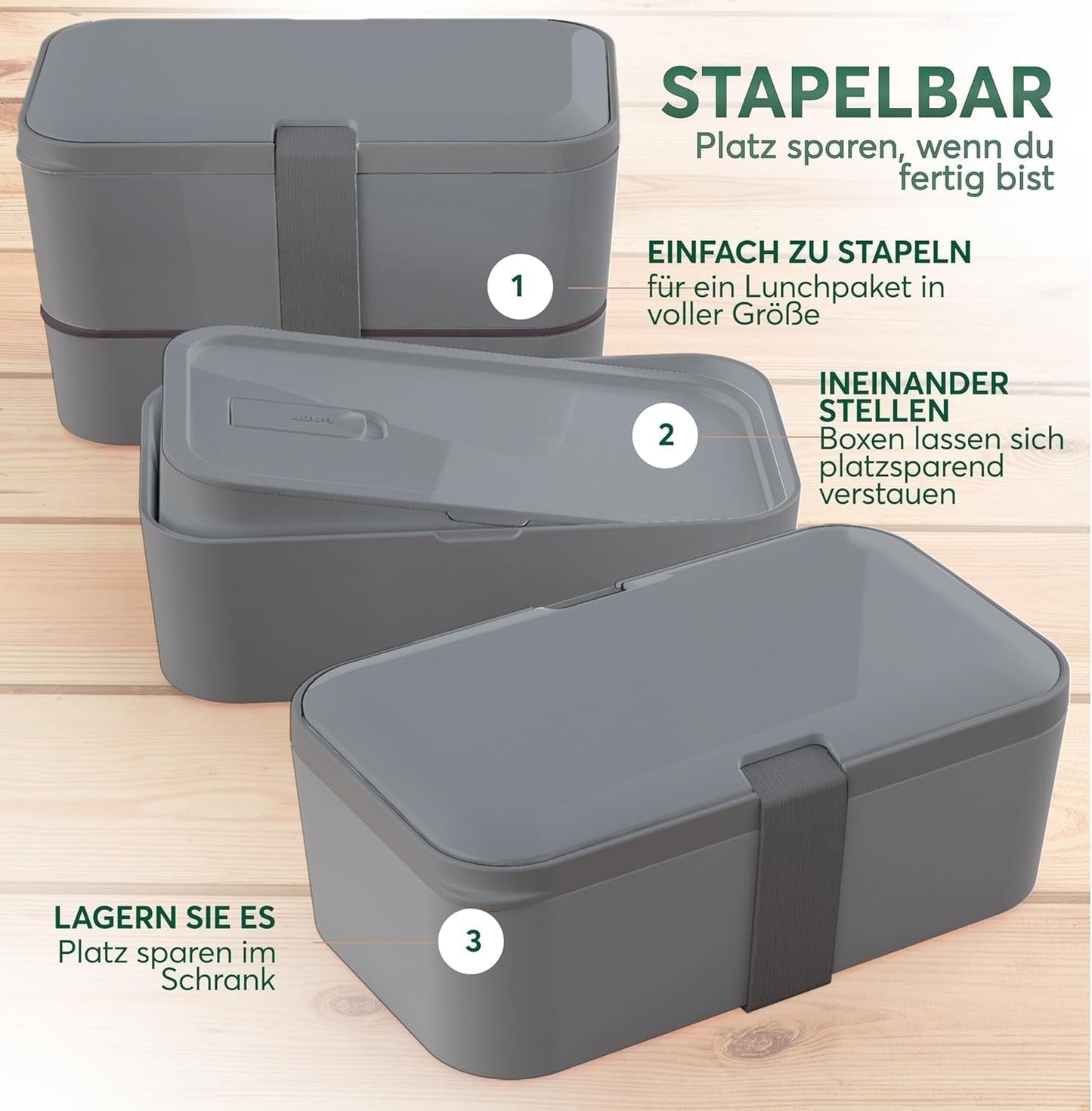 Umami Lunchbox för vuxna, Stapelbar Bento-låda med 4 bestick och fack, Vuxen Lunchbox, To-go-salladsbehållare, Picknick-/kontorslunchlåda, kolgrå, 1500 ml matförvaringslådor Naty Shop