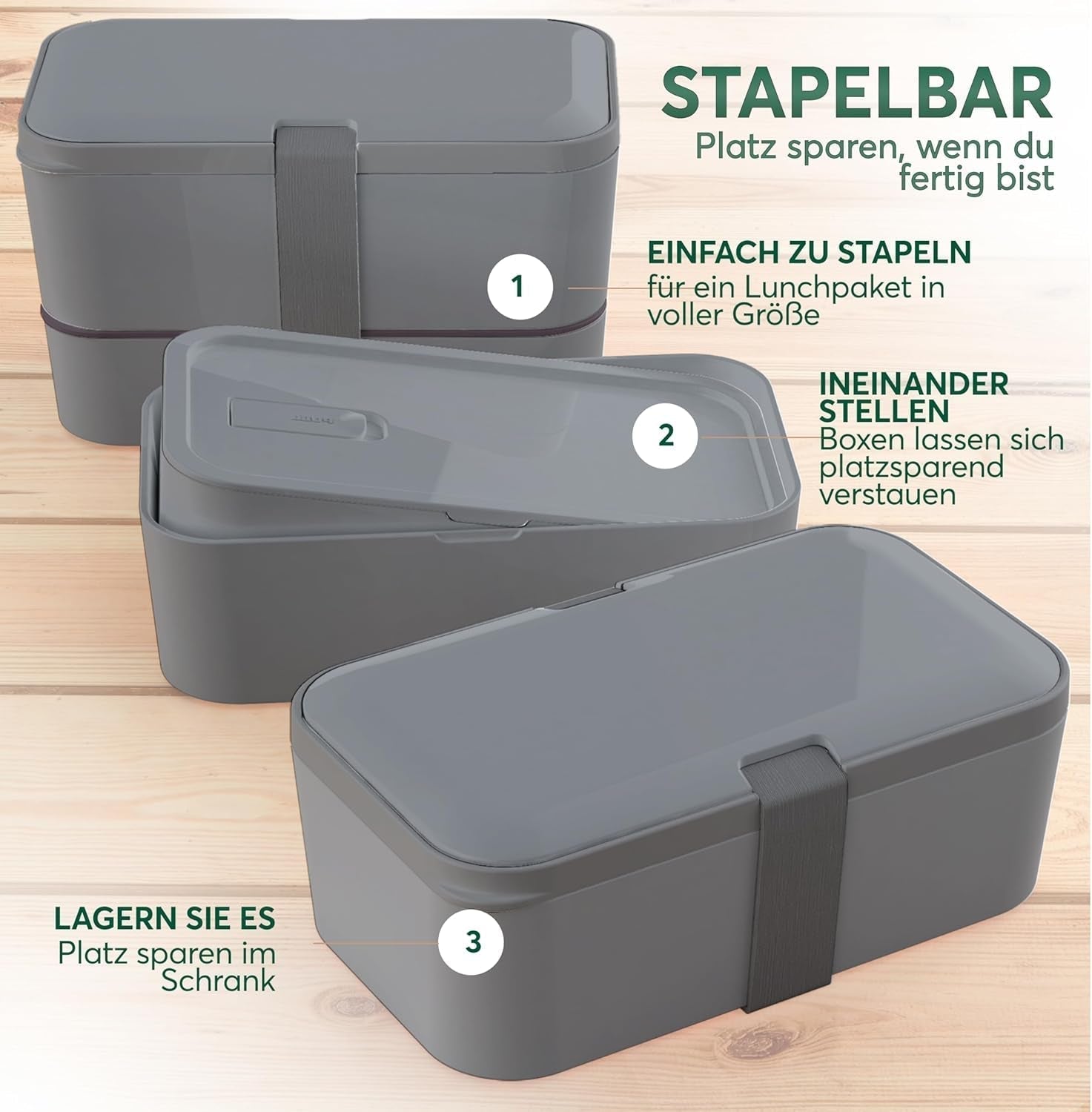 Umami Lunchbox för vuxna, Stapelbar Bento-låda med 4 bestick och fack, Vuxen Lunchbox, To-go-salladsbehållare, Picknick-/kontorslunchlåda, kolgrå, 1500 ml matförvaringslådor Naty Shop