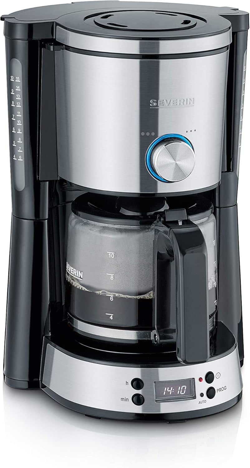 SEVERIN "TypeSwitch" espressomaskin med glaskaraff och timer, AromaSwitch för att välja 2 bryggalternativ, digital klocka med timerfunktion, för upp till 10 koppar, 1000W, borstat rostfritt stål-svart, KA 4826