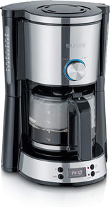 SEVERIN "TypeSwitch" espressomaskin med glaskaraff och timer, AromaSwitch för att välja 2 bryggalternativ, digital klocka med timerfunktion, för upp till 10 koppar, 1000W, borstat rostfritt stål-svart, KA 4826