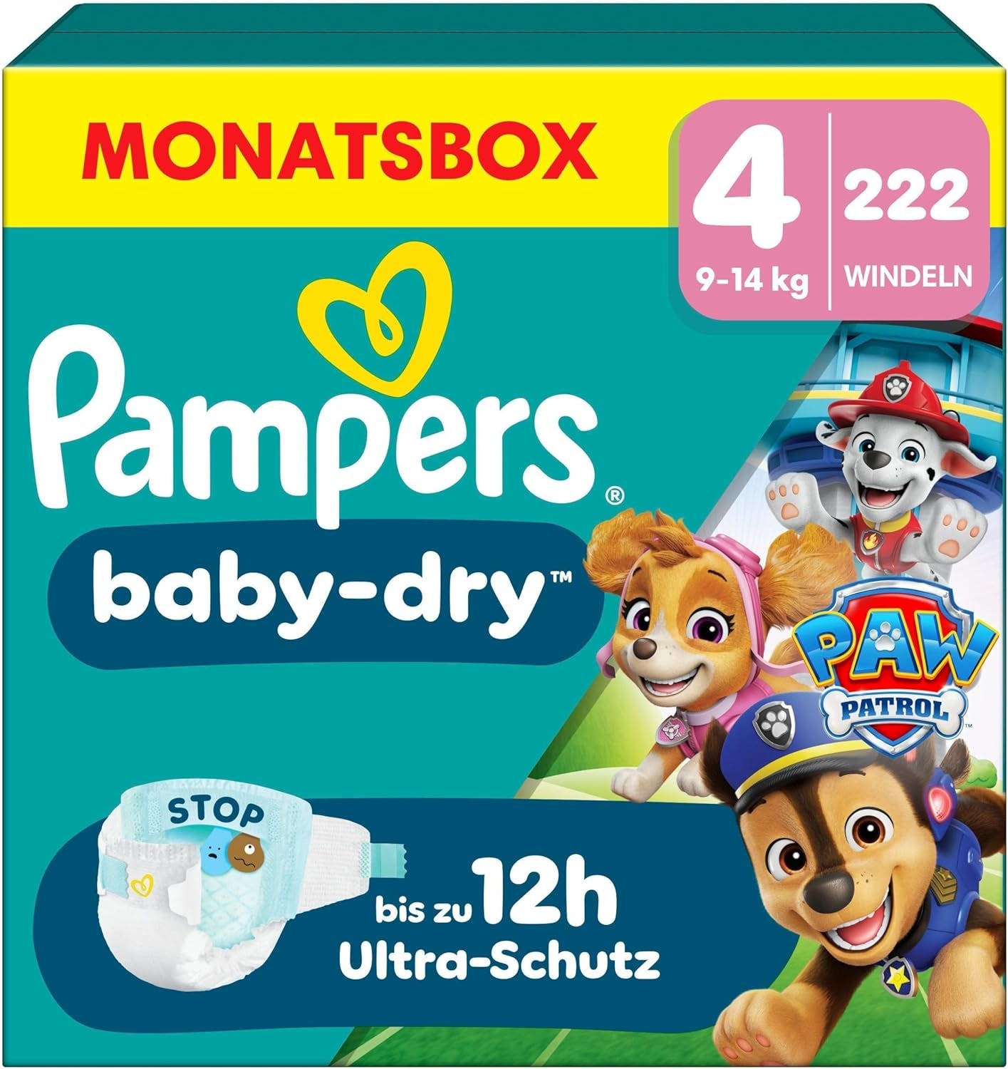 Pampers Baby-Dry Puppy Patrol Edition blöjor, storlek 4, 222 blöjor, 9 kg - 14 kg, upp till 100 % läckageskydd och komfort hela natten