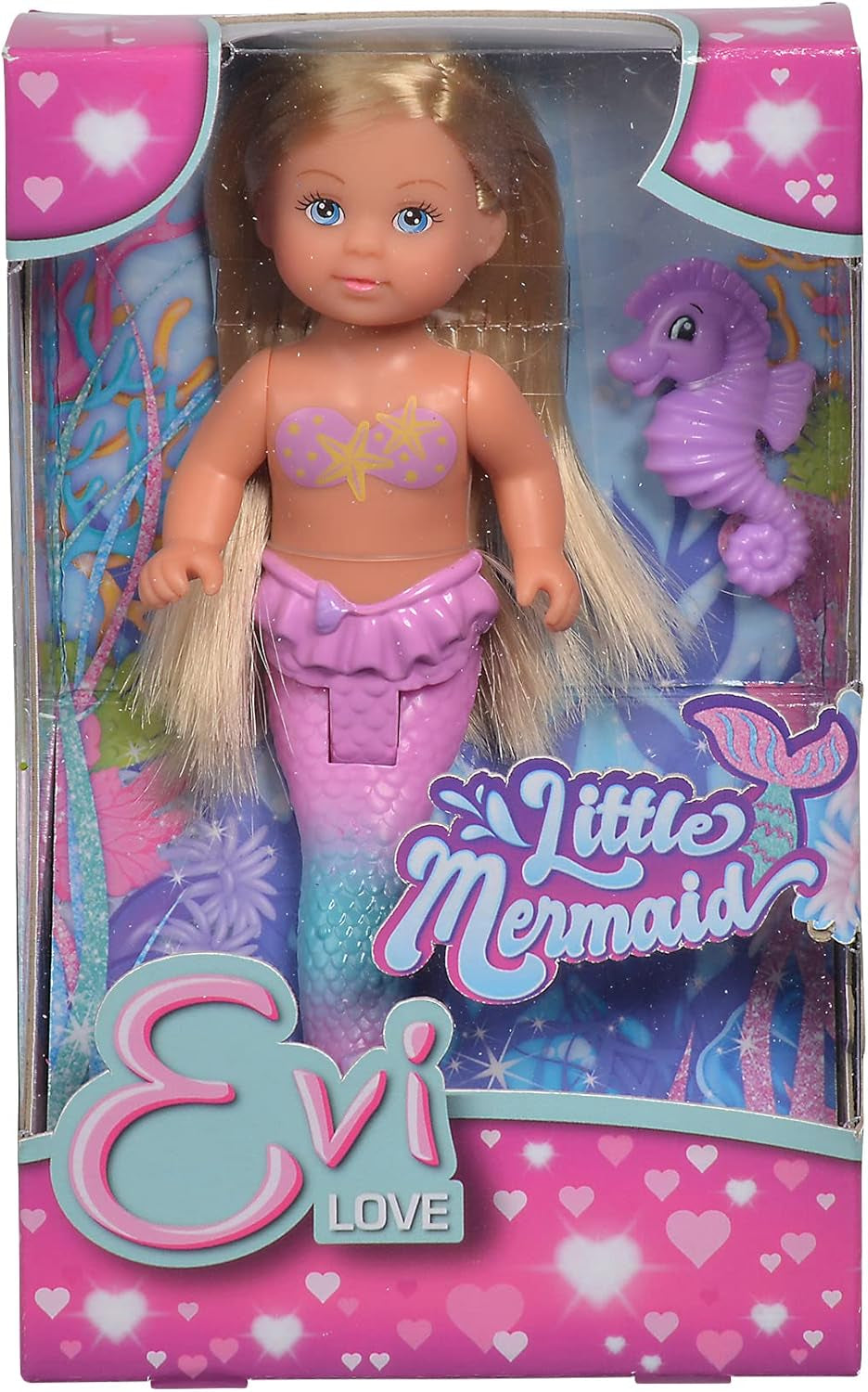 Simba 105733424 - Evi älskar den lilla sjöjungfrun, olika 2 sätt, endast EN vara kommer att levereras, Evi som sjöjungfru, rörlig stjärtfena, med sjöhäst, 12 cm modedocka, 3+