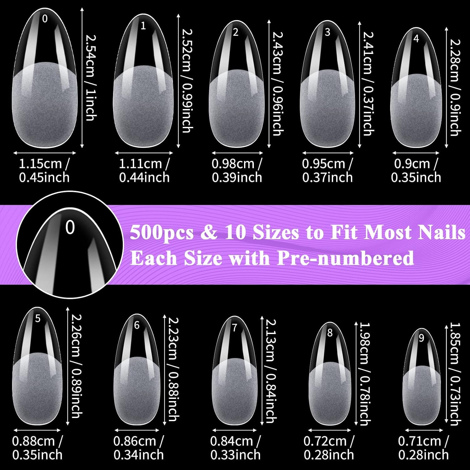 Becellen 500 st konstgjorda nagelspetsar, mjuka gelnagelspetsar, heltäckande, gelnagelspetsar, förpolerade konstgjorda naglar, DIY Nail Art limset (mandlar)