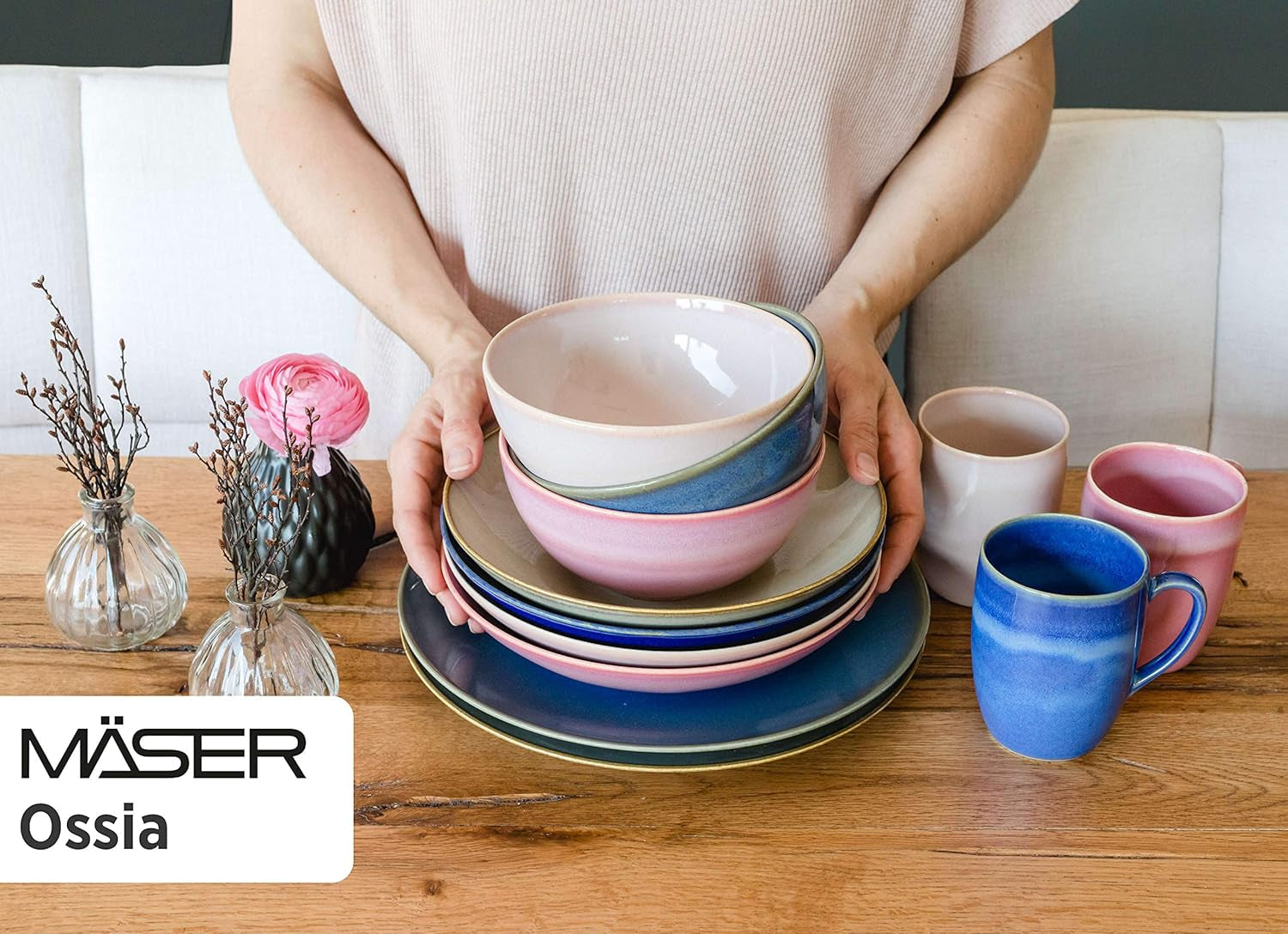 MÄSER 931734 Ossia, Teller-Set för 6 Personen im mediterranen Vintage-Look, 12-teiliges moderna Tafelservice mit Suppentellern und Speisetellern in Sandigem Grau, Keramik, Sandgrau