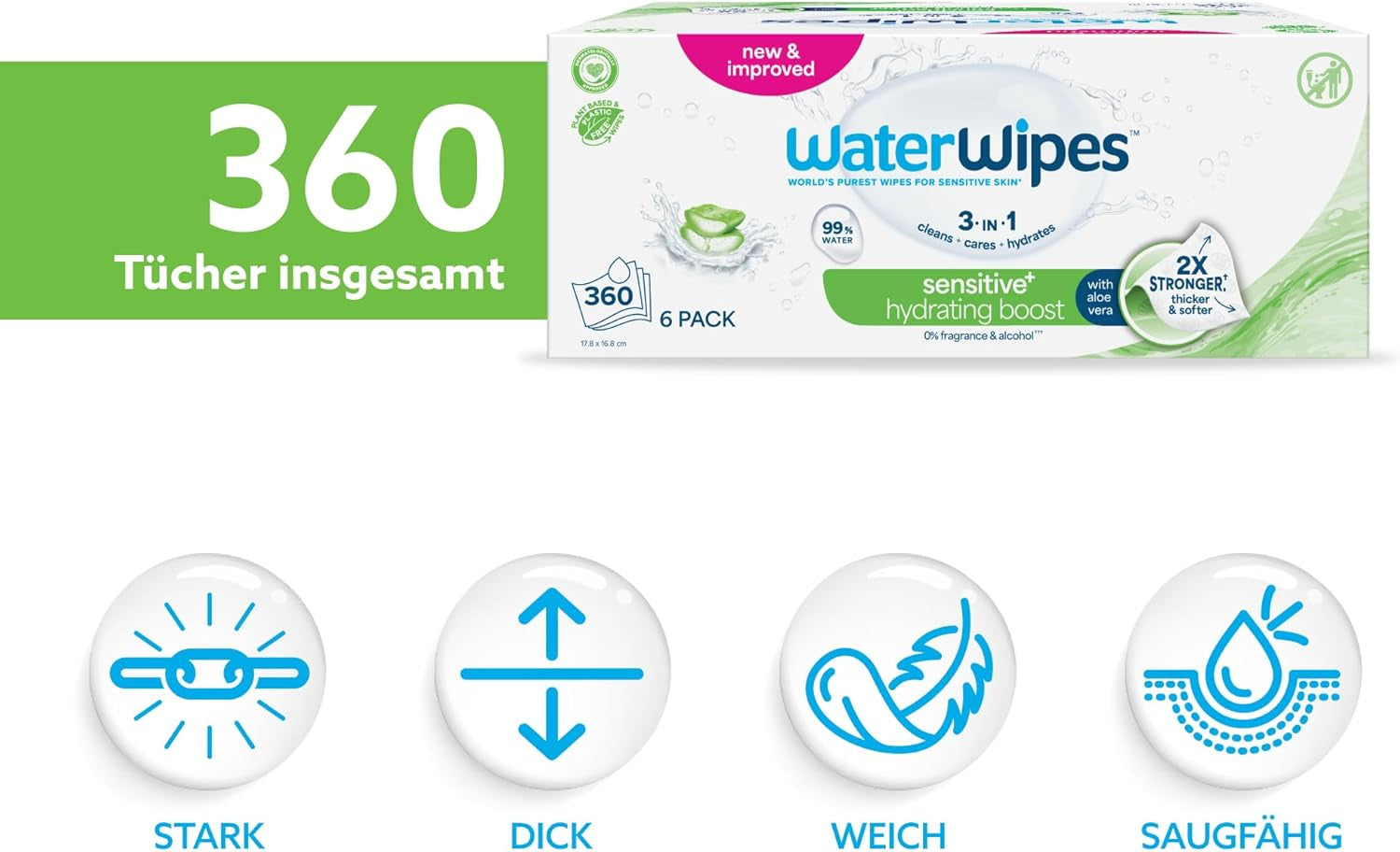WaterWipes Sensitive+ Hydrating Boost våtservetter, hydratiserande våtservetter, 360 delar (6-pack), 3 i 1 rengöring, vård, hydrat, 99 % aloe vera-vatten, oparfymerade babyservetter