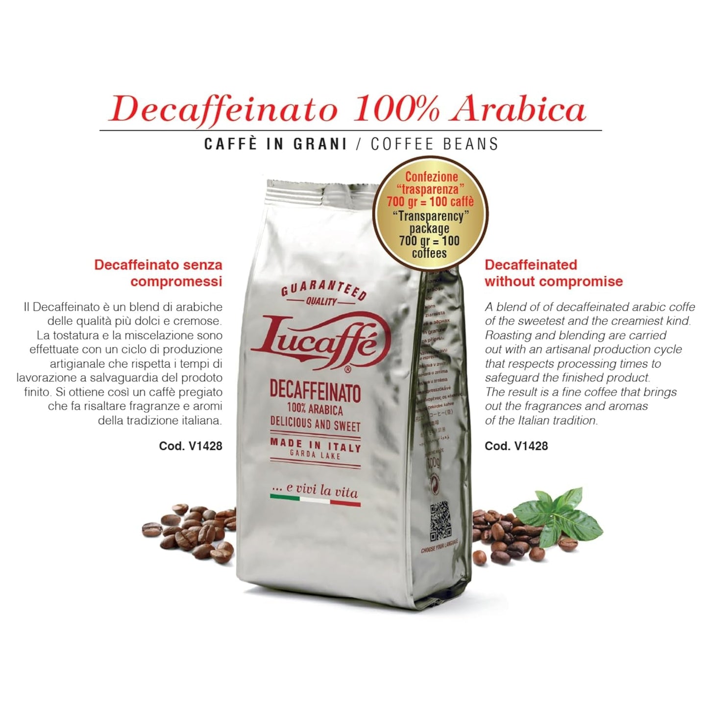 Lucaffè - Entkoffeinierte Kaffeebohnen Decaffeinato, 700 Gr | Kaffeebohnen zum Mahlen für Espresso ohne Kaffein | Mörk Röstung | Süßer und fruchtiger Gesmack, krämig | Aroma Intensives