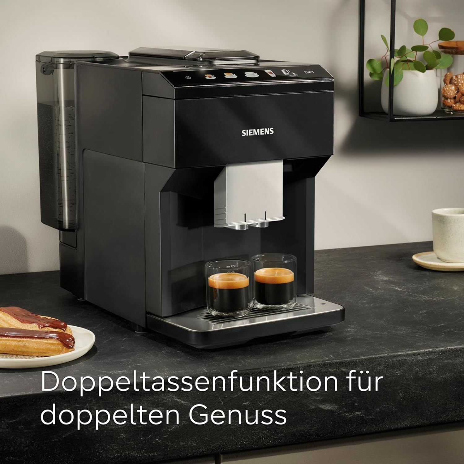Siemens EQ500 klassisk automatisk espressomaskin, TFT färgskärm, 5 sorters kaffe och mjölk, dubbelkoppsfunktion, enkel rengöring, avtagbar bryggenhet, med mjölkslang, svart, TP511E19