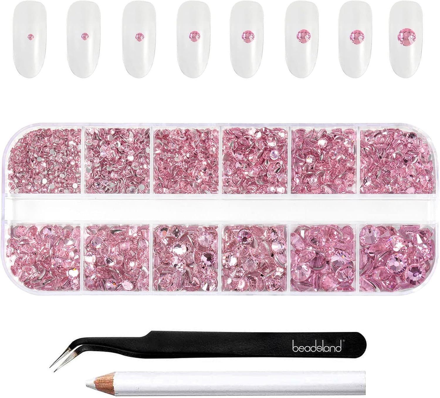 Beadsland 2500st Glas Nailart Strasssteine ​​​​Kristall Flatback Edelsteine ​​​​Runde, ​​Für Handwerk Gemischt 8 Größen SS4 ~ SS30 Mit Picking Pinzette Und Stift (Kristall Weiss)