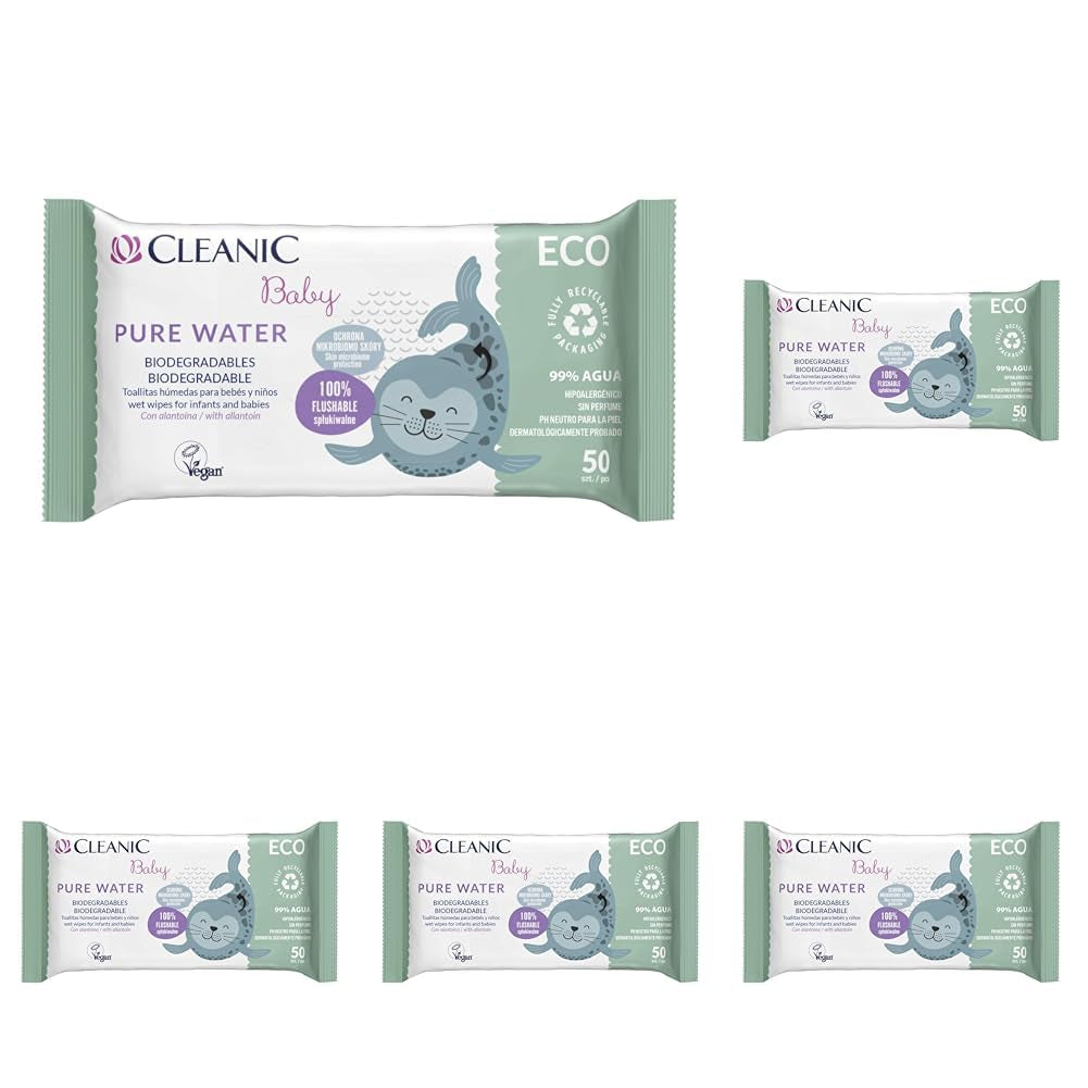 Cleanic Baby Eco Pure Water Wet Wipes – (1 x 50 st.) Våtservetter för barn och spädbarn – parfymfri, sköljbar, känslig hud – 50 st.