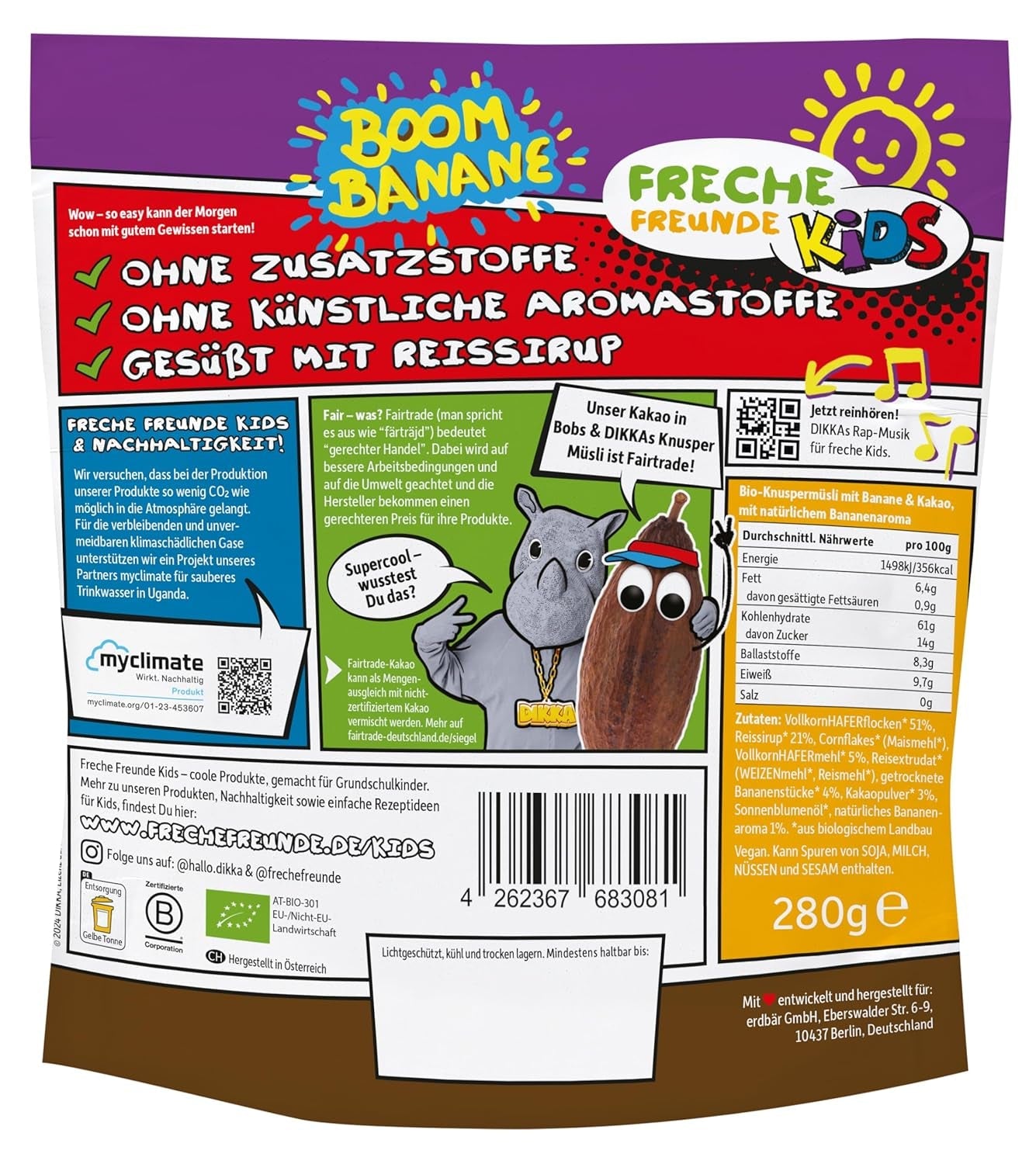 FRECHE FREUNDE KIDS, Bobs & DIKKAs Crunchy Banana Cacao Müsli, Crunchy Chocolate Müsli för barn, Lågt socker, Inga tillsatser, 100 % vegansk, 6 bitar (6 x 280 g)