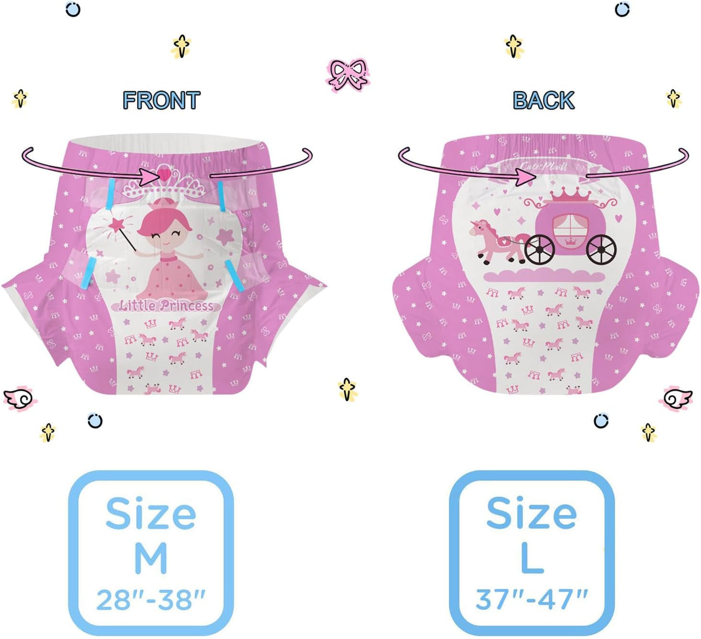CutiePlusU vuxenblöjor, 10 stycken, inkontinenstrosor för engångsbruk med lakan för kvinnor och män, maximal absorptionsförmåga över natten - Lilla prinsessan (stor storlek 94-119 cm)