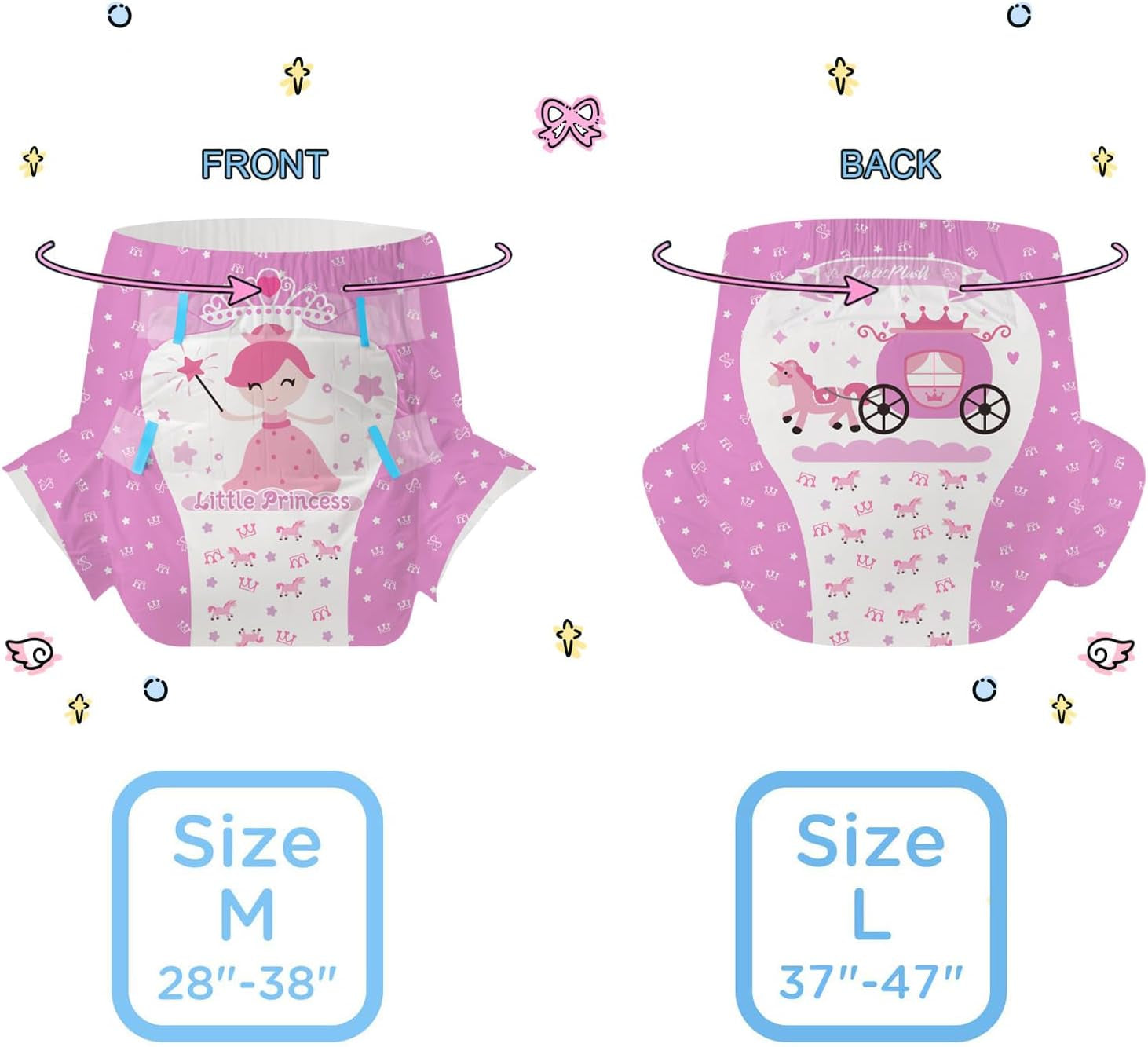 CutiePlusU vuxenblöjor, 10 stycken, inkontinenstrosor för engångsbruk med lakan för kvinnor och män, maximal absorptionsförmåga över natten - Lilla prinsessan (stor storlek 94-119 cm)