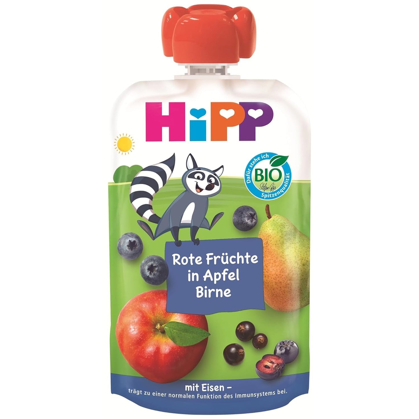 HiPP Bio Quetschie Frucht Plus Rote Früchte in Apfel Birne plus Eisen - Willi Waschbär (8 x 100g), ab 1 Jahr, 100% Fruchtpüree, ohne Zuckerzusatz, vegan, i bättre Bio-Qualität