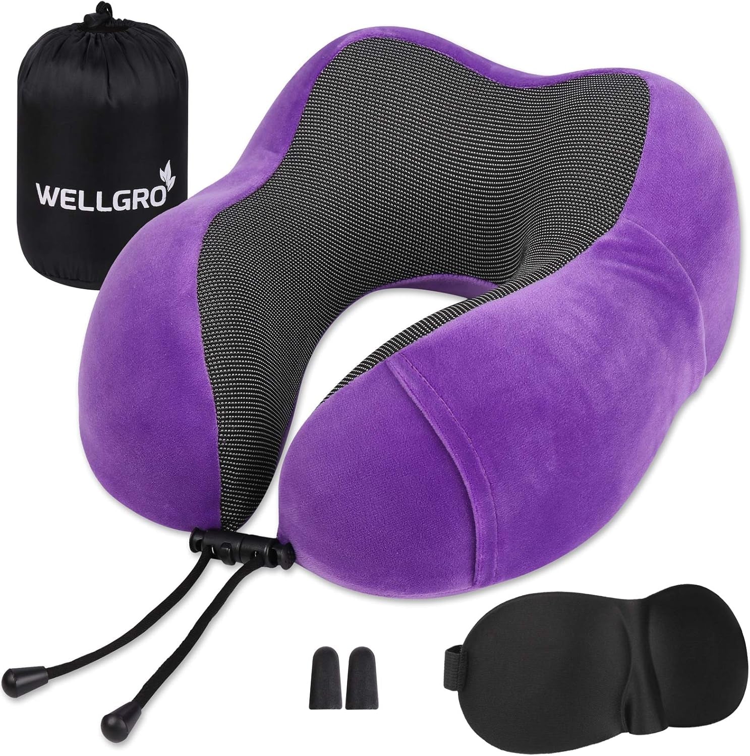 WELLGRO nackkuddsset med 3D-sömnmask och öronproppar - Avtagbart skydd - Memory Foam - Dragkedja - Inklusive förvaringsväska - Resekudde - Valbar färg, Färg:Grå Naty Shop Lila ortopediska livmoderkuddar