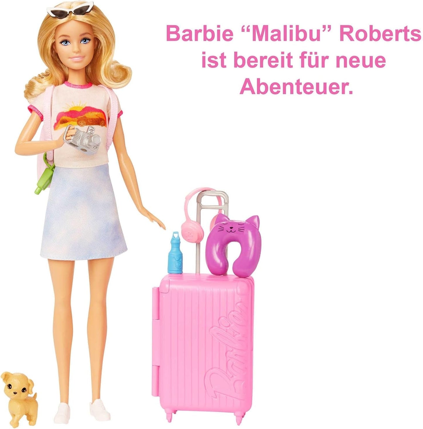 Barbiedocka, resebarbie med blont hår, 10+ resetillbehör, klistermärken, resväska, valp, innehåller 1 docka, barnpresent, leksak från 3 år och äldre, HJY18