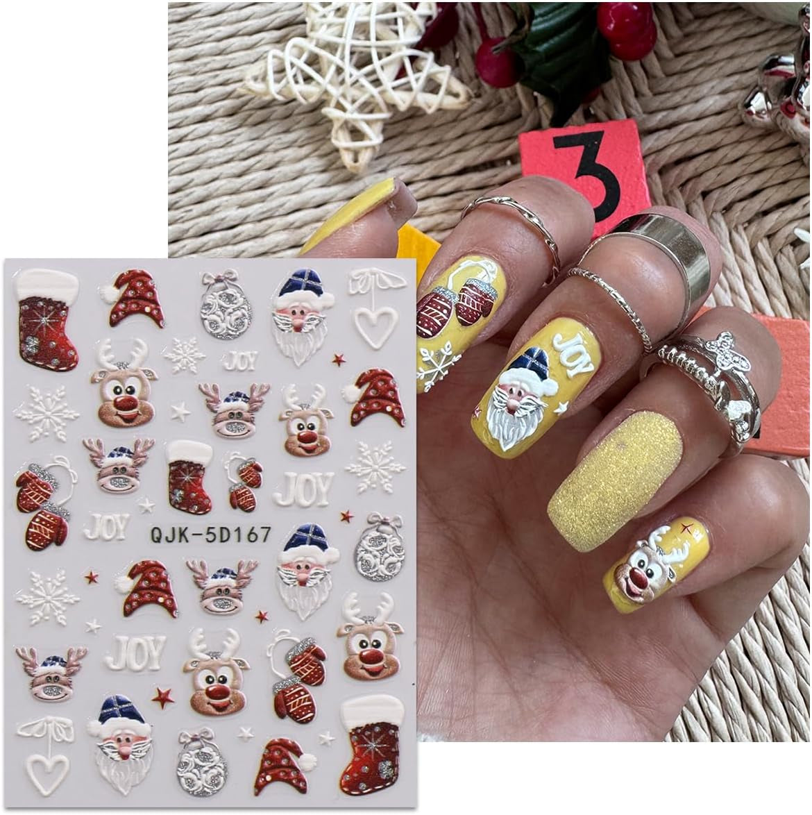 JMEOWIO 3D Nagelsticker Weihnachten Glitzer Nail Art Sticker Selbstklebend Nagelaufkleber 5D Stereoskopisk Schneeflocke Winterurlaub Süß Dekoration Nageldesign Zubehör 4 Blatt