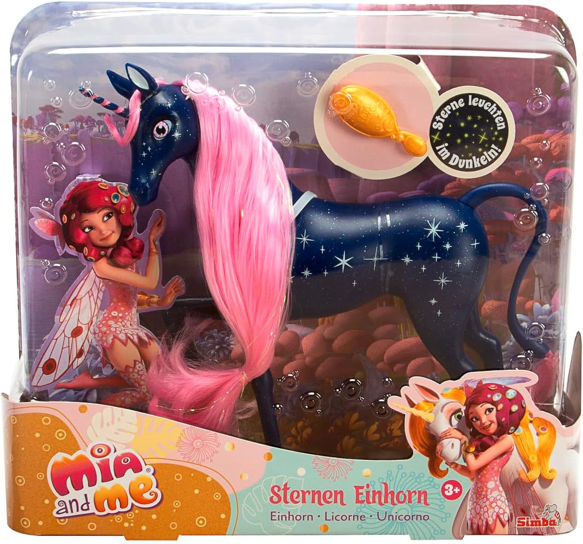 Simba 109483043 - Mia and Me Starry Unicorn 25 cm, leksakshäst med Glow-in-the-Dark-stjärnor på kropp och hårborste, 3+