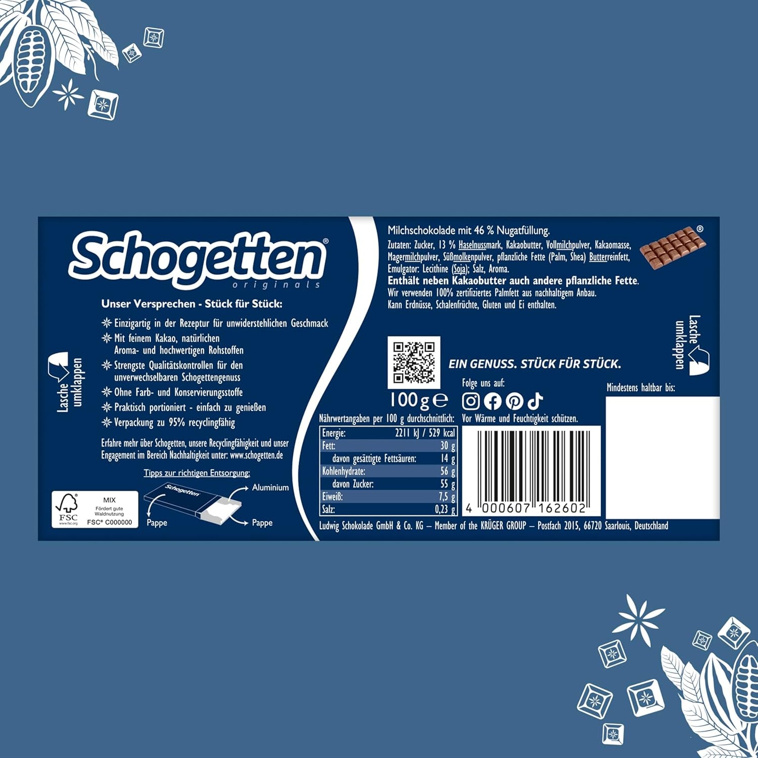 Schogetten Nougat chokladkaka 100g, individuellt portionerad. En fröjd. Bit för bit.