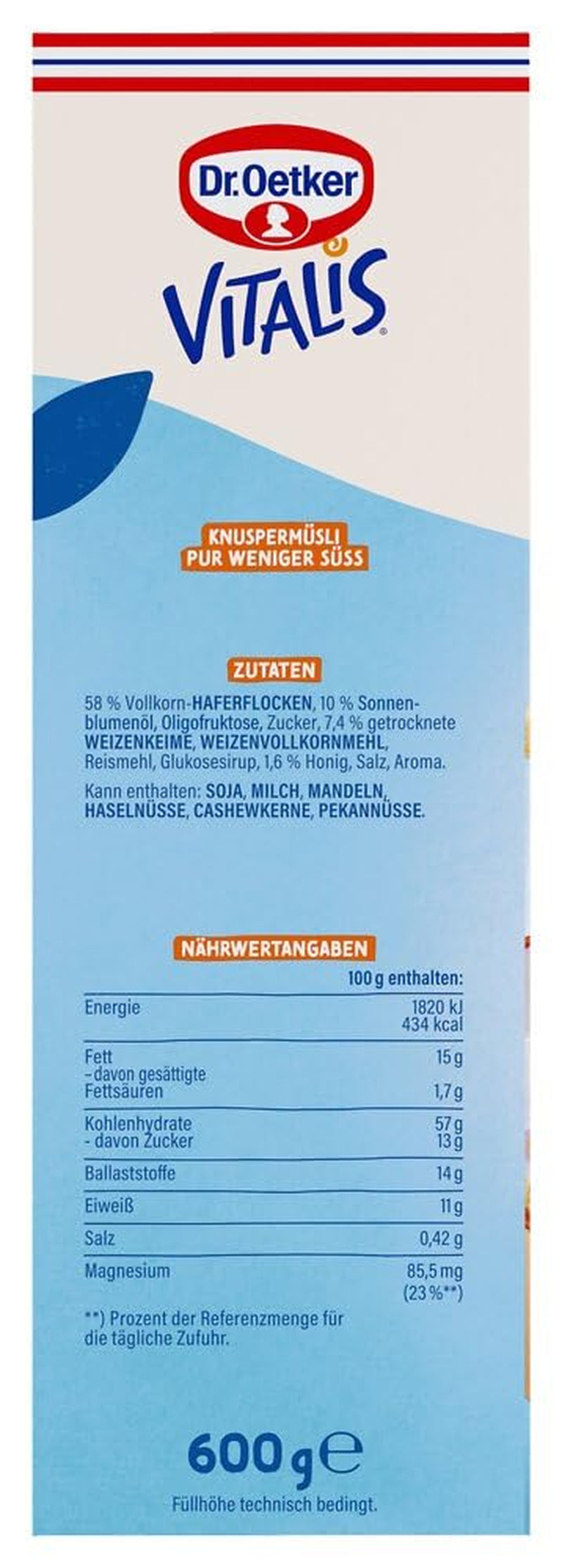 Dr. Oetker Vitalis Less Sweet Crunchy Pure: Crunchy müsli med 30 % mindre socker, 5-pack (5 x 600g)