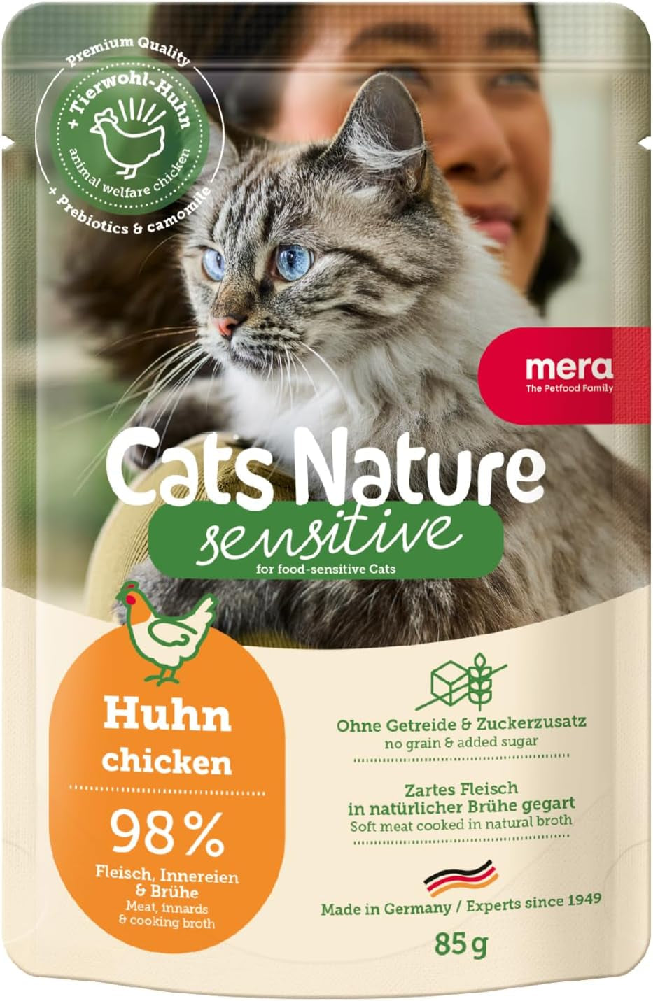 Våtfoder för katter MERA Cats Nature Sensitive med kyckling 12x85g | Monoprotein, sockerfri och spannmålsfri | Hög kötthalt och lättsmält våtfoder för katter